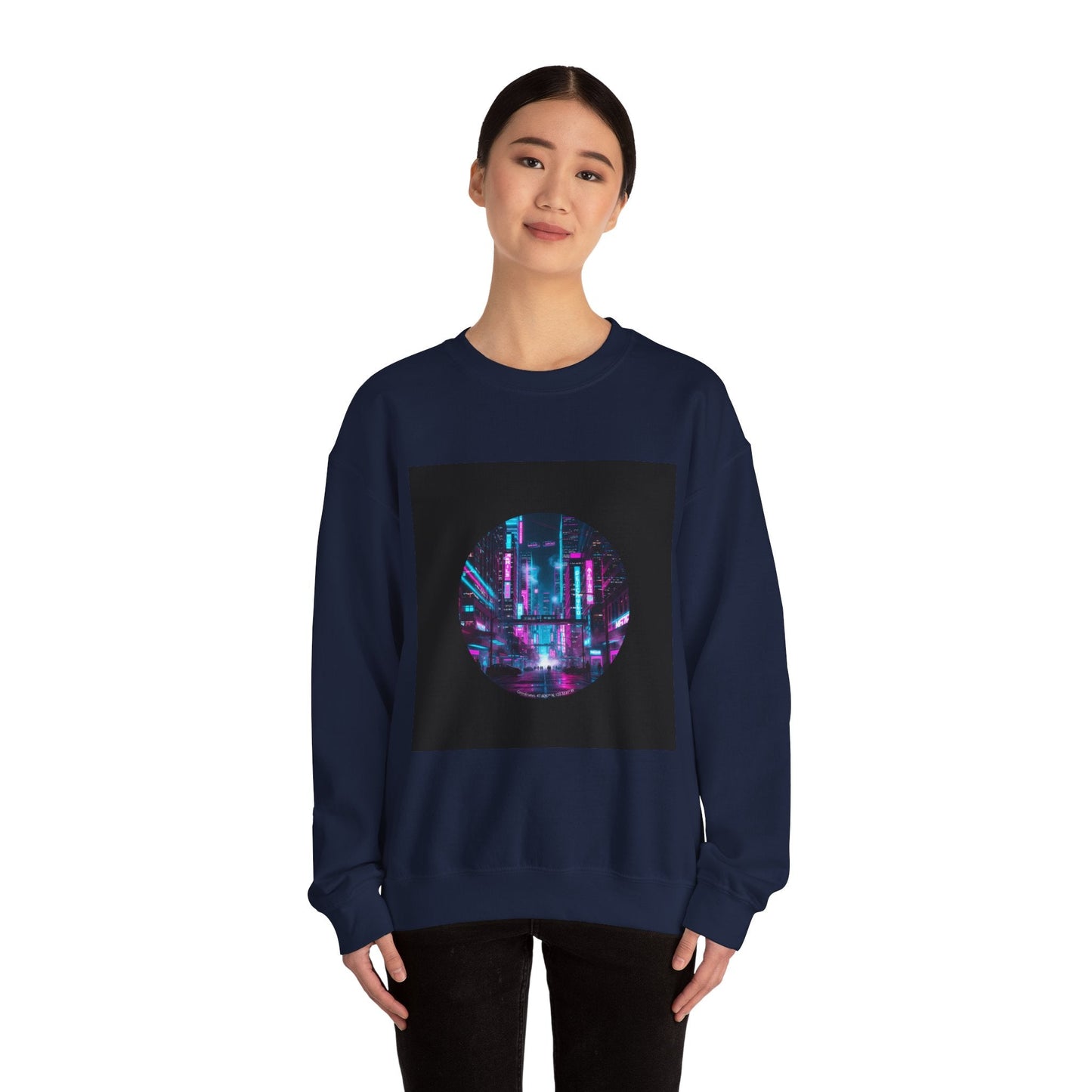 Neon Cyberpunk Skyline Sweatshirt | synthwave cityscape, future city art