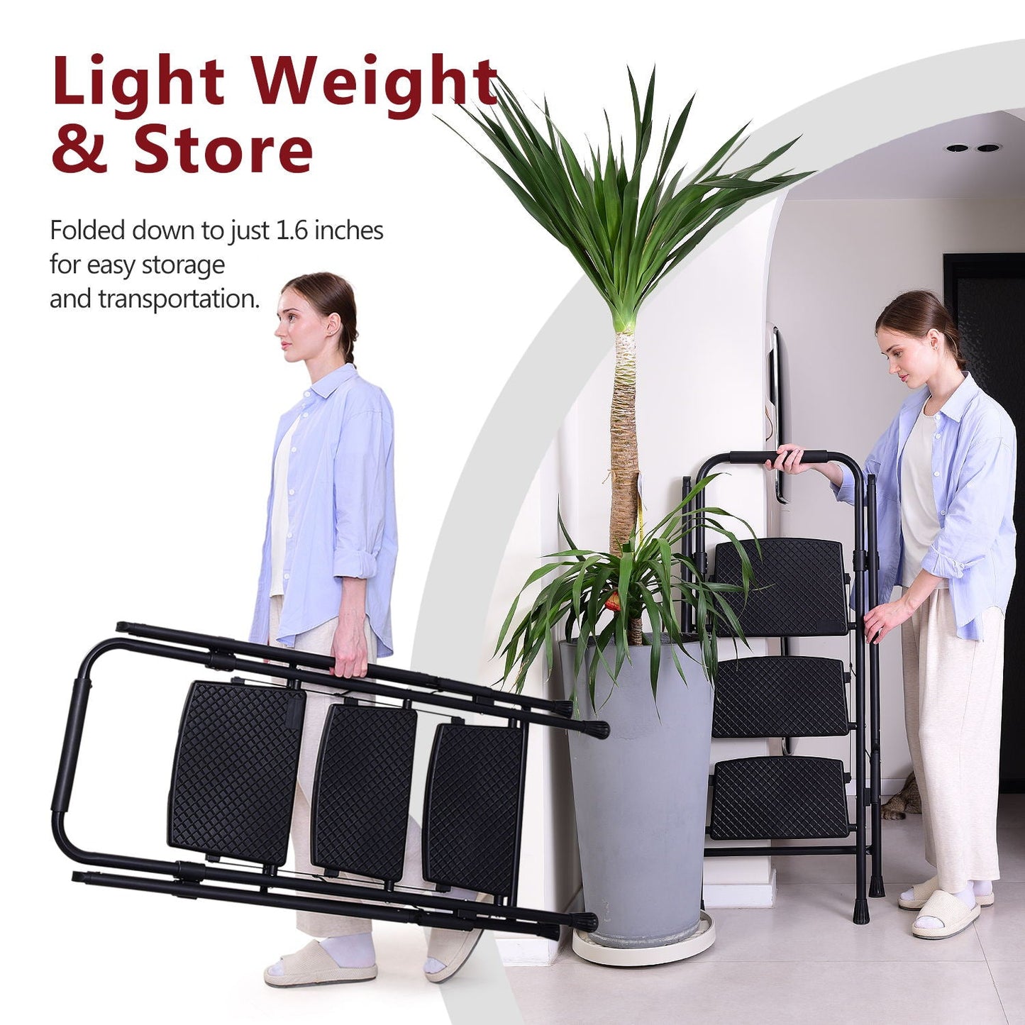 Four step ladder, lightweight folding four step stool, wide anti slip pedal and safety handle, sturdy steel ladder