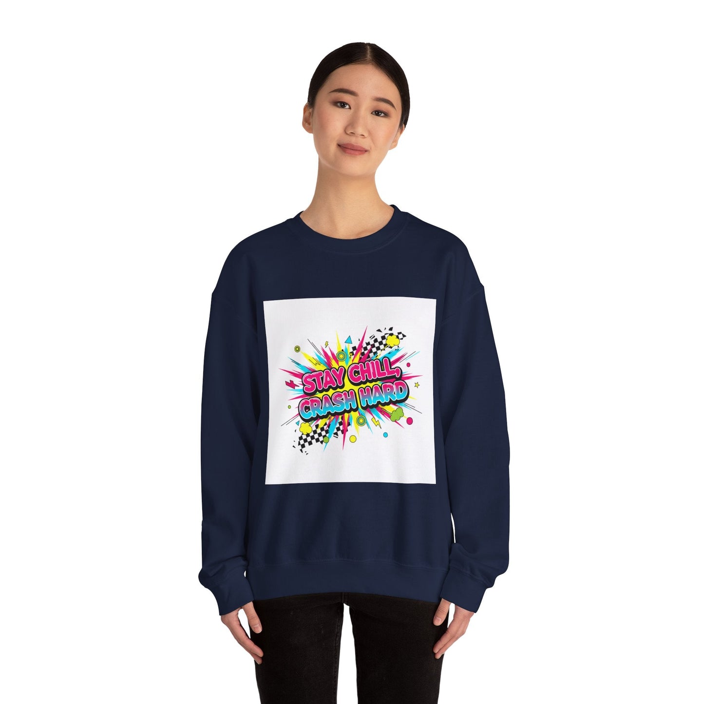 Stay Chill Crash Out Crewneck Sweatshirt | neon graffiti meltdown design