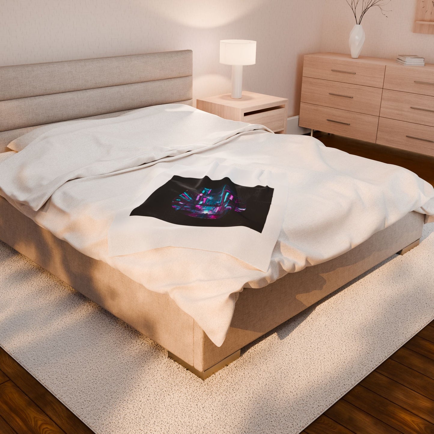 Neon Cyberpunk Cityscape Velveteen Plush Blanket | synthwave skyline