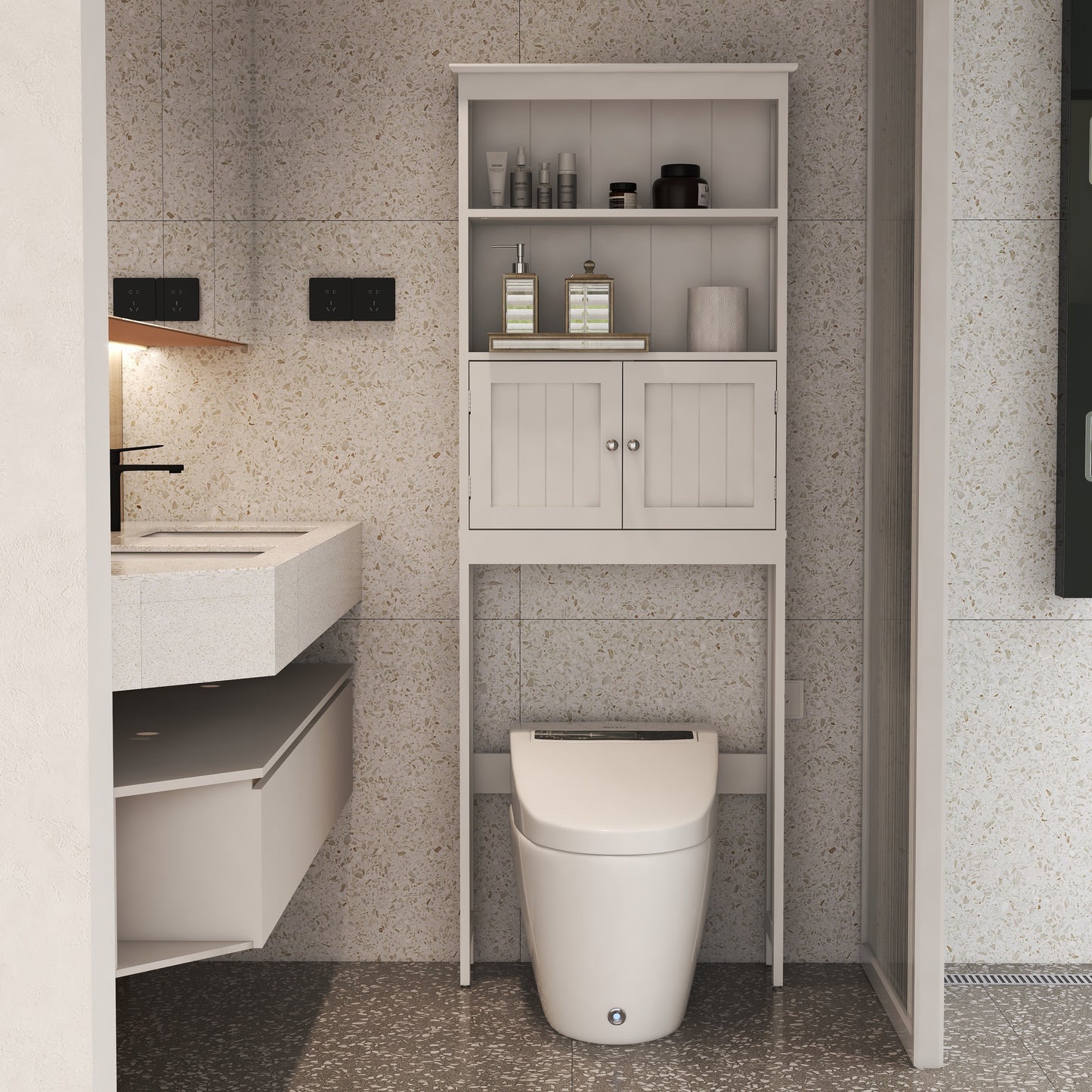 Over The Toilet Rack 2 -Tier Toilet Bathroom Spacesaver Storage Shelf with 2 Doors Wood Storage Organizer Cabinet