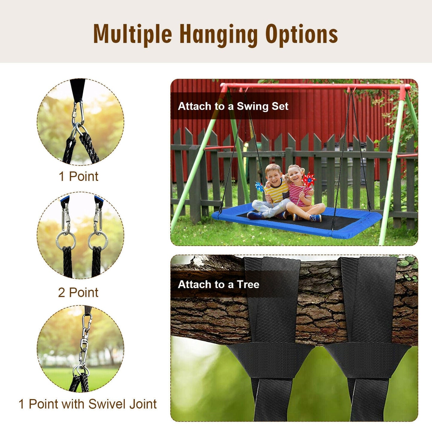 60 Inches Platform Tree Swing Outdoor with 2 Hanging Straps-Blue