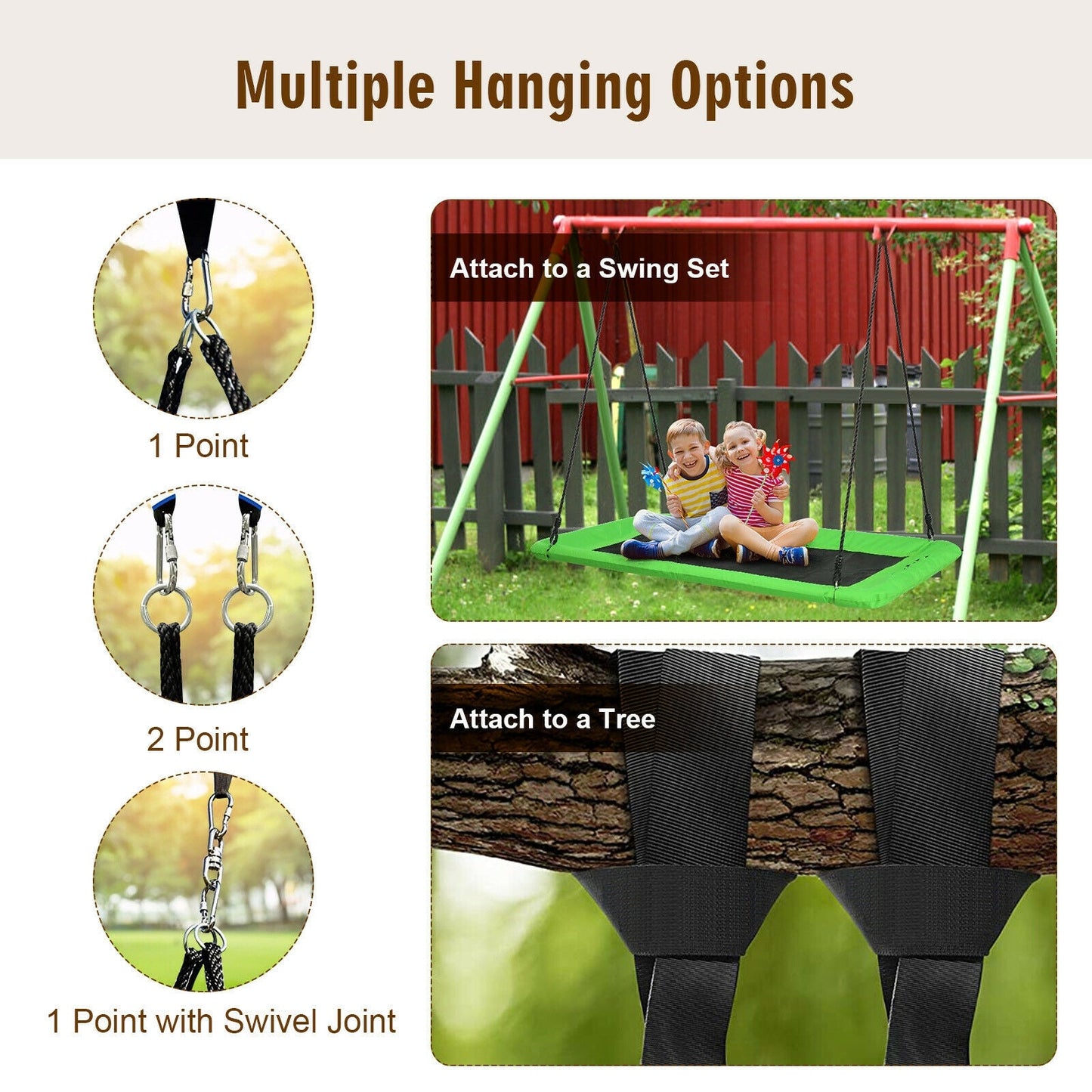 60 Inches Platform Tree Swing Outdoor with 2 Hanging Straps-Green