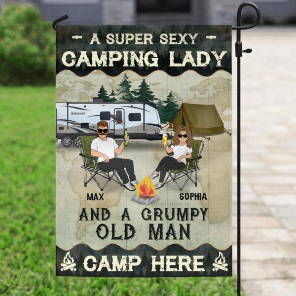Personalized Camping Couple Flag Sign - Gift Idea For Camping Lover - A Super Sexy Camping Lady and Her Grumpy Old Man