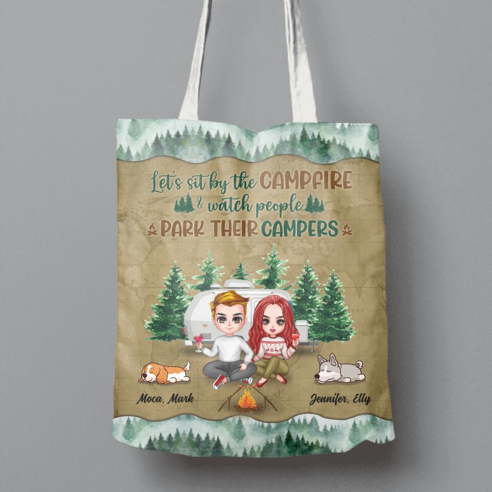 Personalized Camping Couple And Dog Canvas Bag - Up to 2 Dogs - Gift Idea For Dog/Camping Lovers - Let's Sit By The Campfire