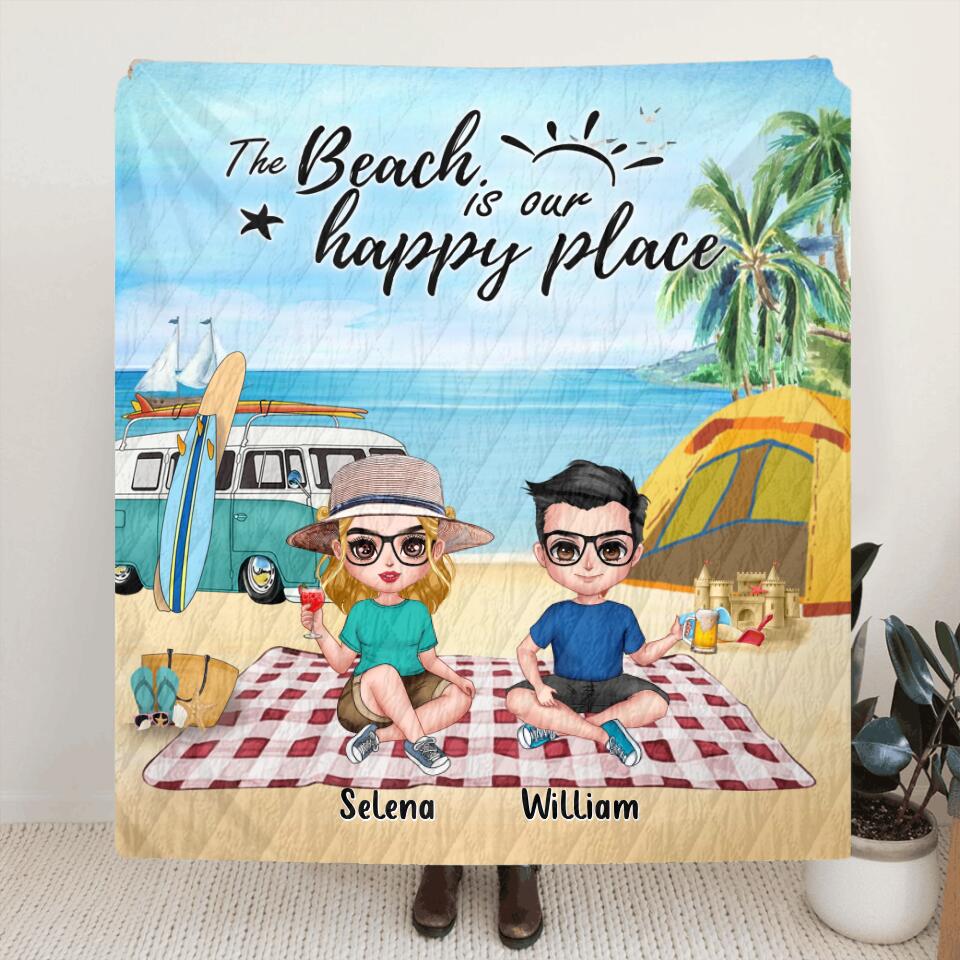 Personalized Summer Beach Picnic Camping Pillow Cover/Fleece/Quilt Blanket - Up to 5 People - Gift Idea For Camping Couple/Friends - The Beach Is Our Happy Place