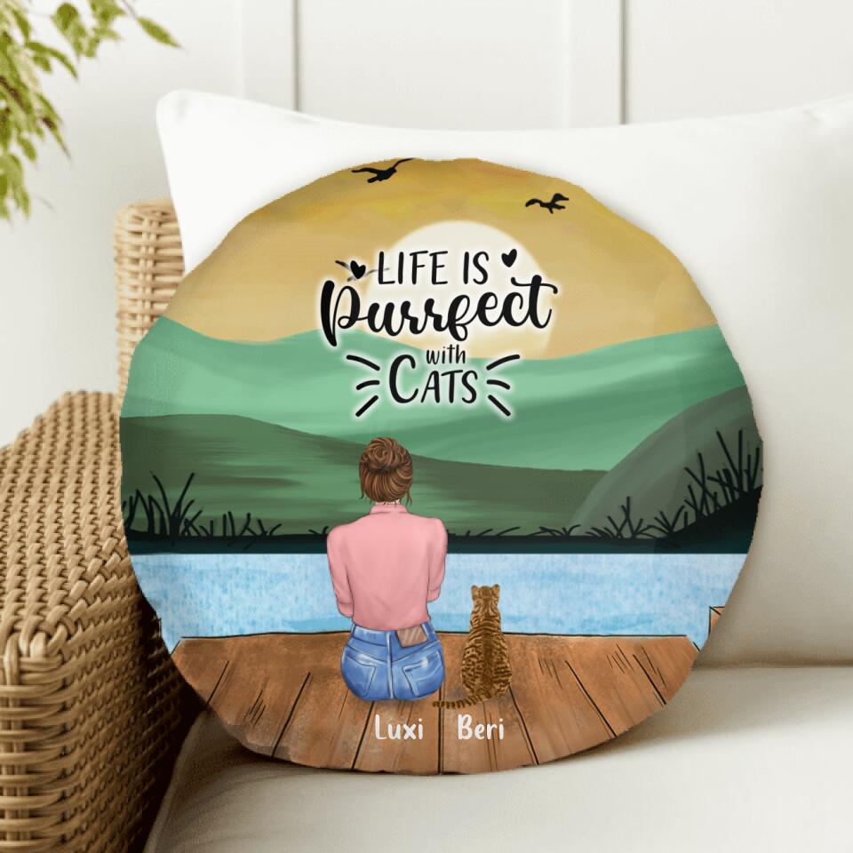 Personalized Cat Mom Round Pillow - Gift For Cat Lovers With Up to 4 Cats - Life Is Purrfect With Cats