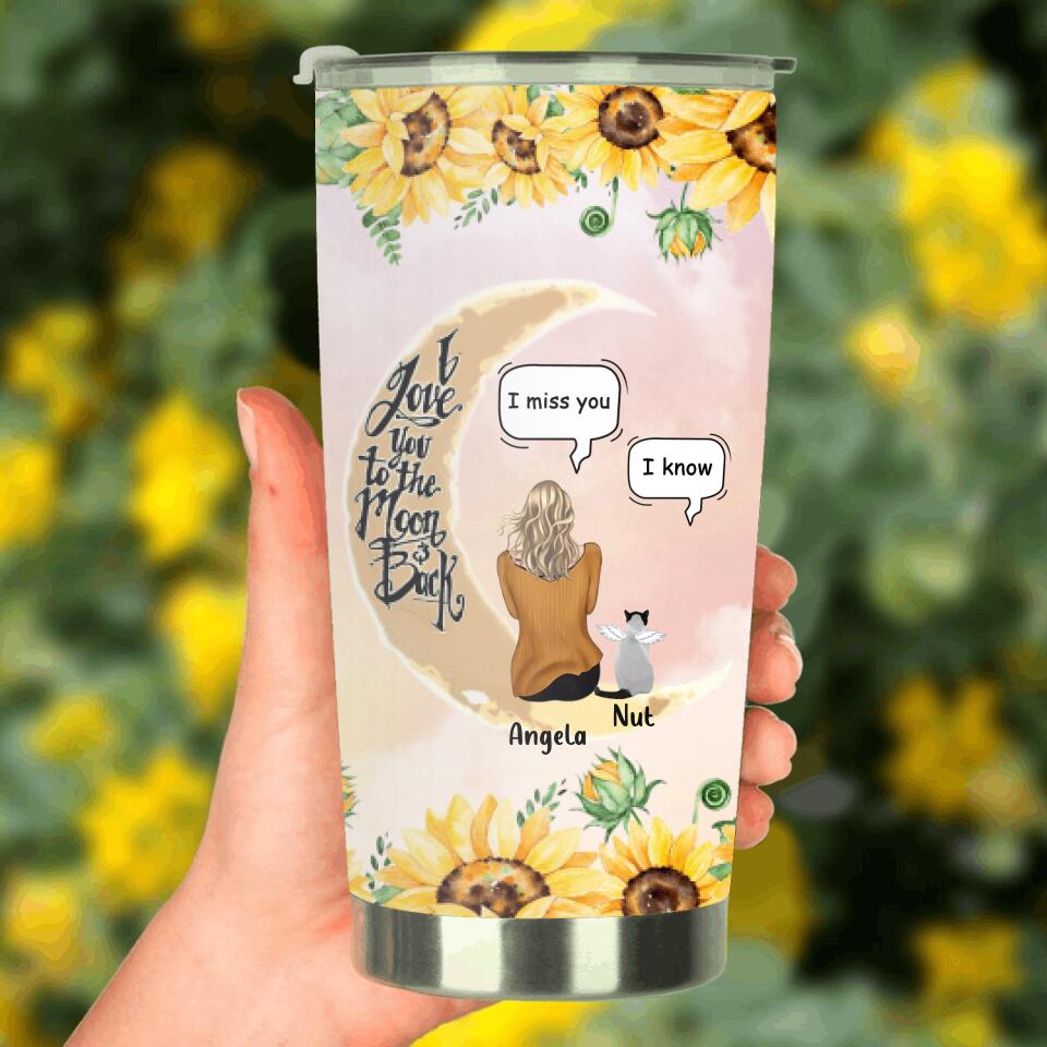 Personalized Memorial Cat Sun Flower Tumbler - Up to 6 Cats - Memorial Gift Idea For Cat Lover - I Love You To The Moon And Back