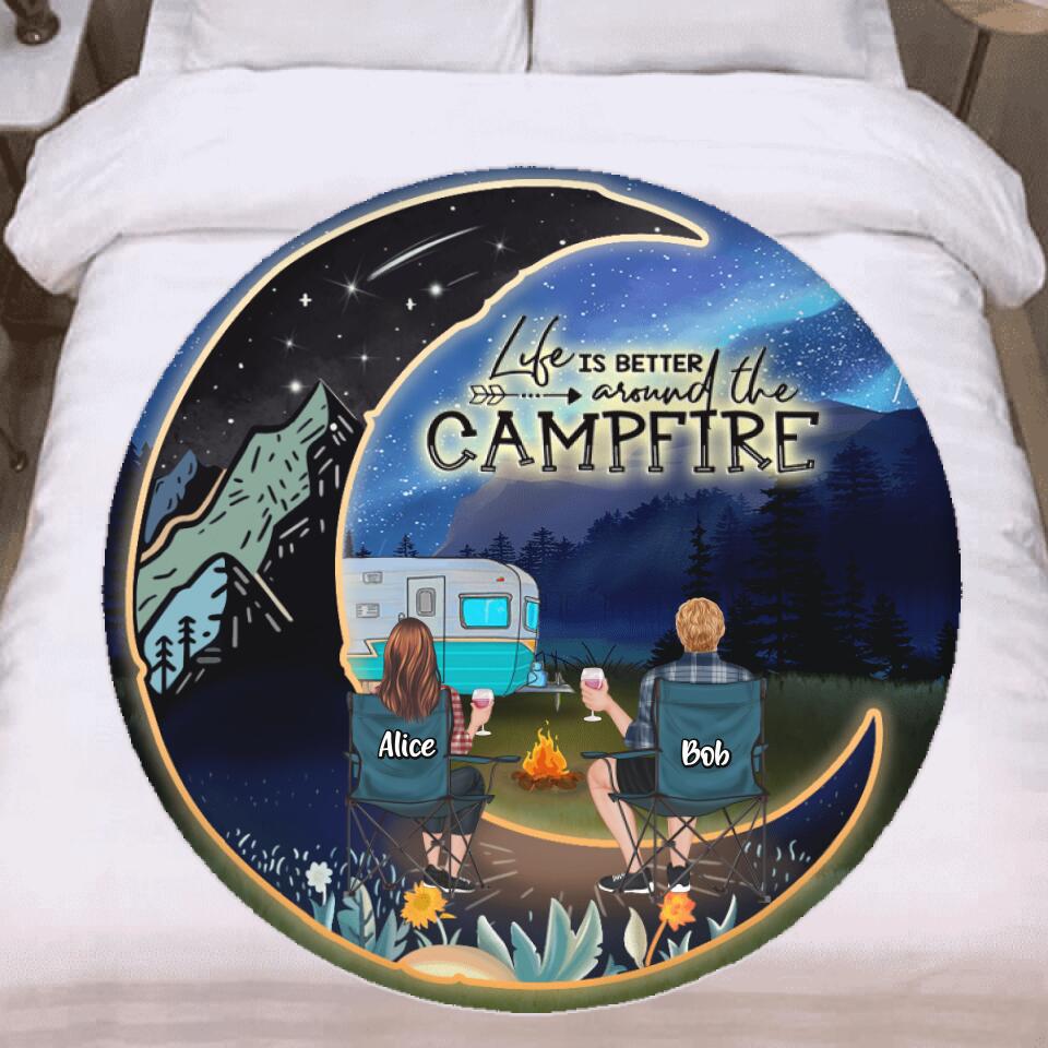Personalized Camping Moon Couple Valentine's Day Flannel Round Blanket - Couple/Parents With Up to 3 Kids And 5 Pets - Valentine's Day Gift For Camping Lover - Life Is Better Around The Campfire