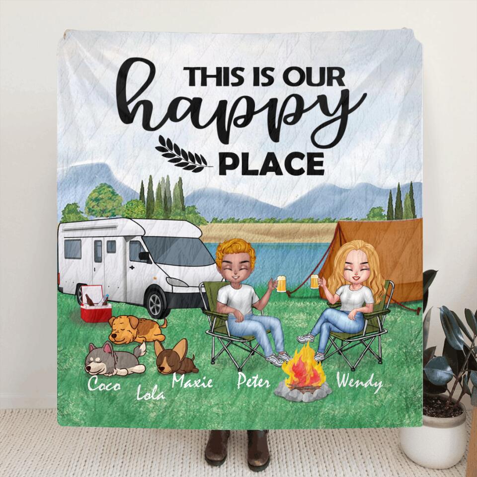 Personalized Camping Couple With Dogs Pillow Cover/Quilt/Fleece Throw Blanket - Couple With Up to 3 Dogs - Gift Idea For Dog/Camping Lover - This Is Our Happy Place