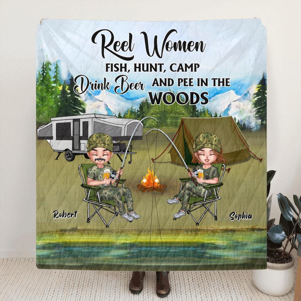Personalized Fishing Pillow Cover/Fleece Throw Blanket/Quilt - Best Gift For Fishing Lovers - Reel Women Fish, Hunt, Camp, Drink Beer And Pee In The Woods