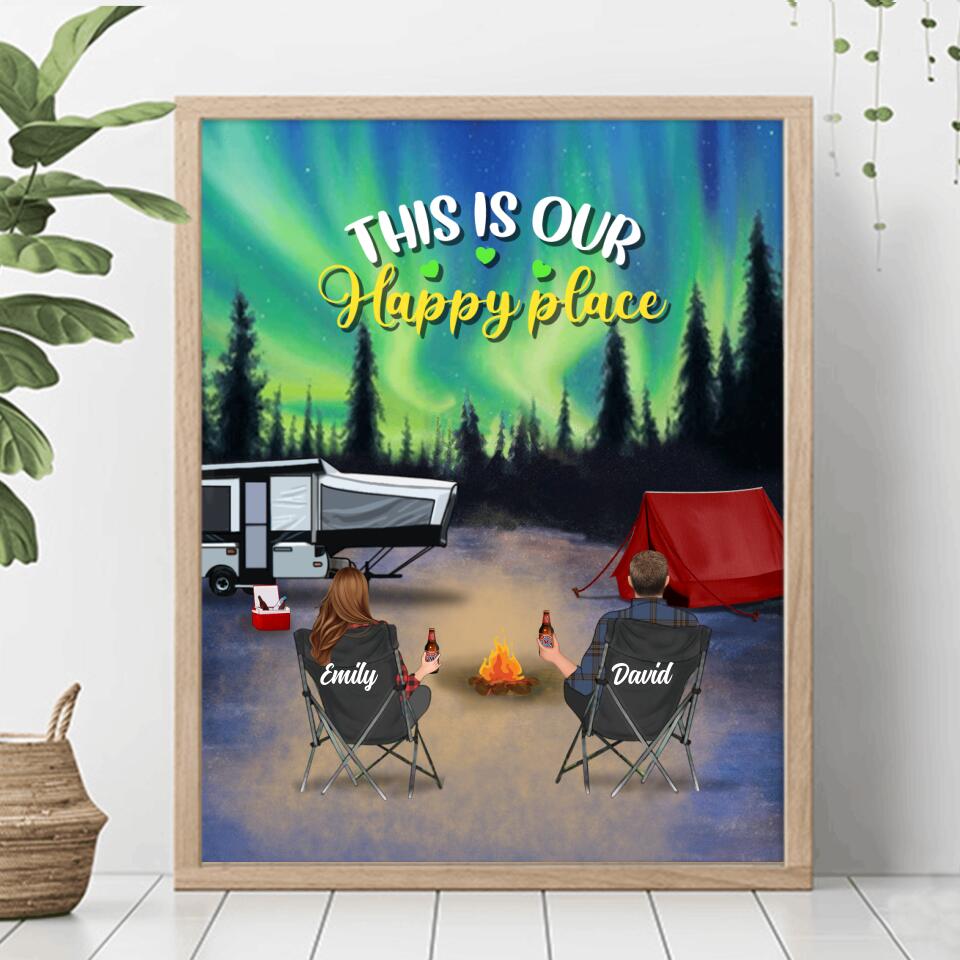 Personalized Family Camping Trip Poster - Couple/Single Parent/Parents With Up to 3 Kids And 4 Pets - Gift Idea For Whole Family/Camping Lover - This Is Our Happy Place