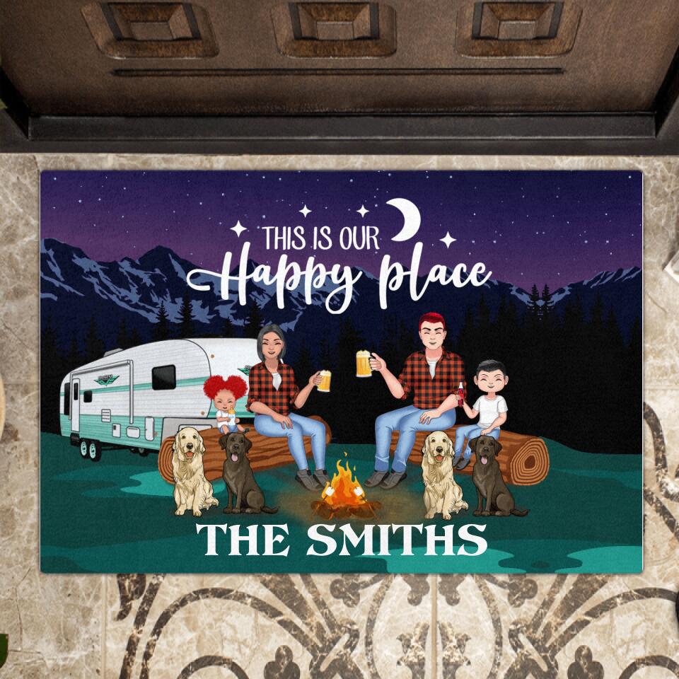 Personalized Camping Under The Stars Doormat - Gift Idea For Family/Camping Lover - Couple/Parents With Up to 2 Kids And 4 Dogs - This Is Our Happy Place