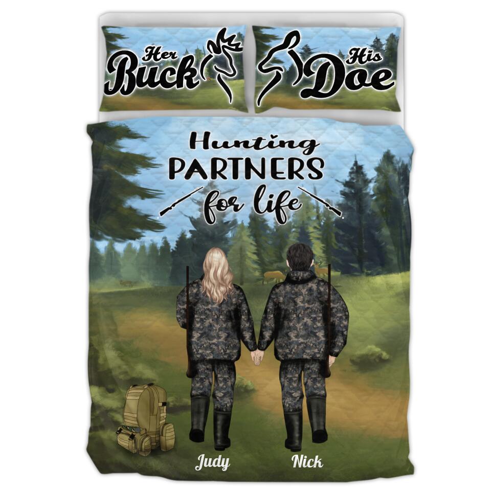 Personalized Couple Hunting Quilt Bed Sets - Couple With Up to 2 Pets - Gift Idea For Couple/Hunting Lover - Hunting Partners for Life