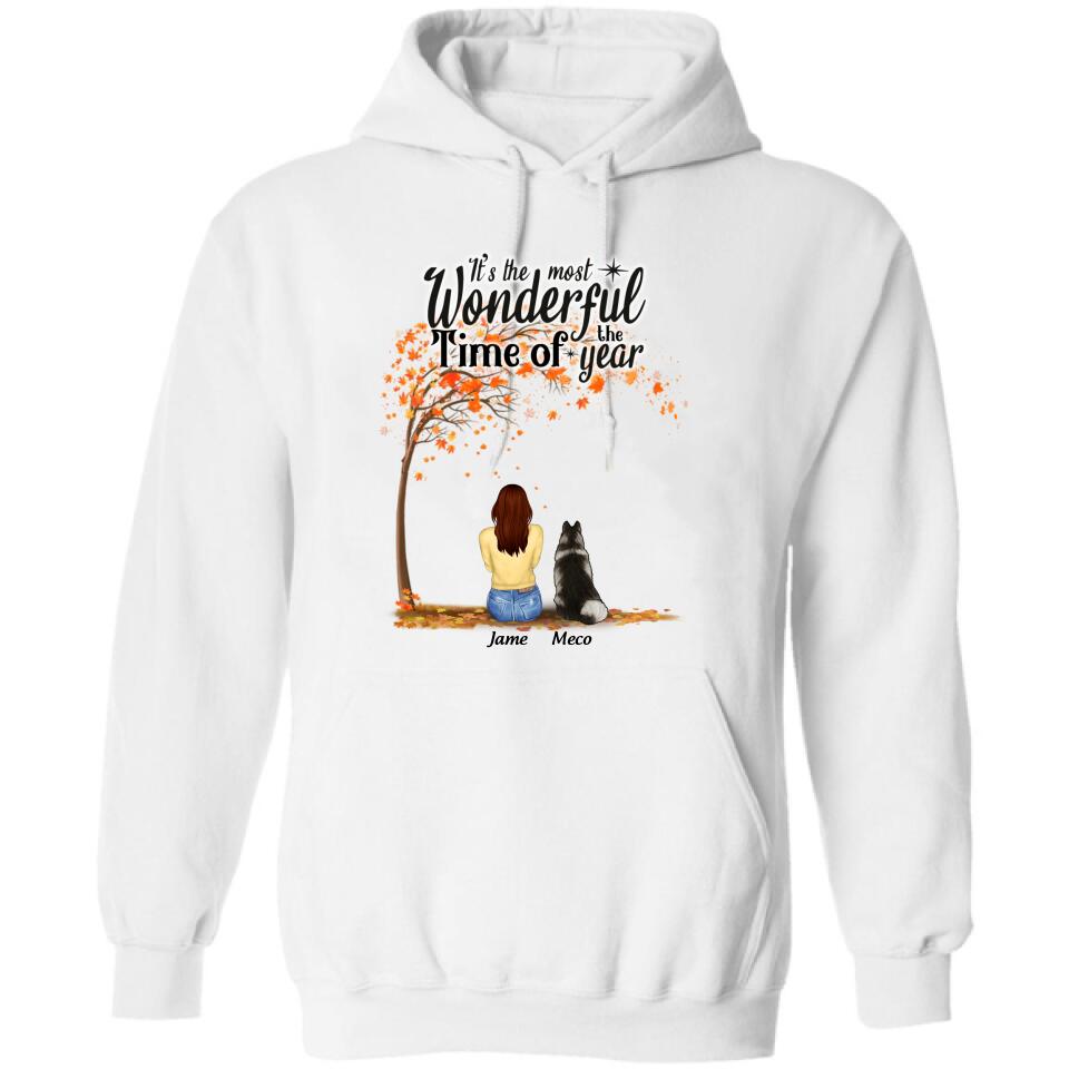 Personalized Horse Dog Mom In Autumn T-Shirt - Up to 3 Horses/Dogs - It's The Most Wonderful Time Of The Year