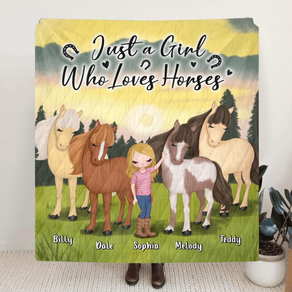 Personalized Horse Girl Fleece Throw Blanket/Quilt - Gift Idea For Horse Lovers with up to 4 Horses - Just A Girl Who Loves Horses