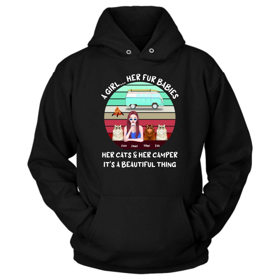 Personalized Camping Black T-Shirt - Women With Up to 3 Cats - Best Gift For Dog Lover - A Girl Her Fur Babies Her Cats And Her Camper It's A Beautiful Thing
