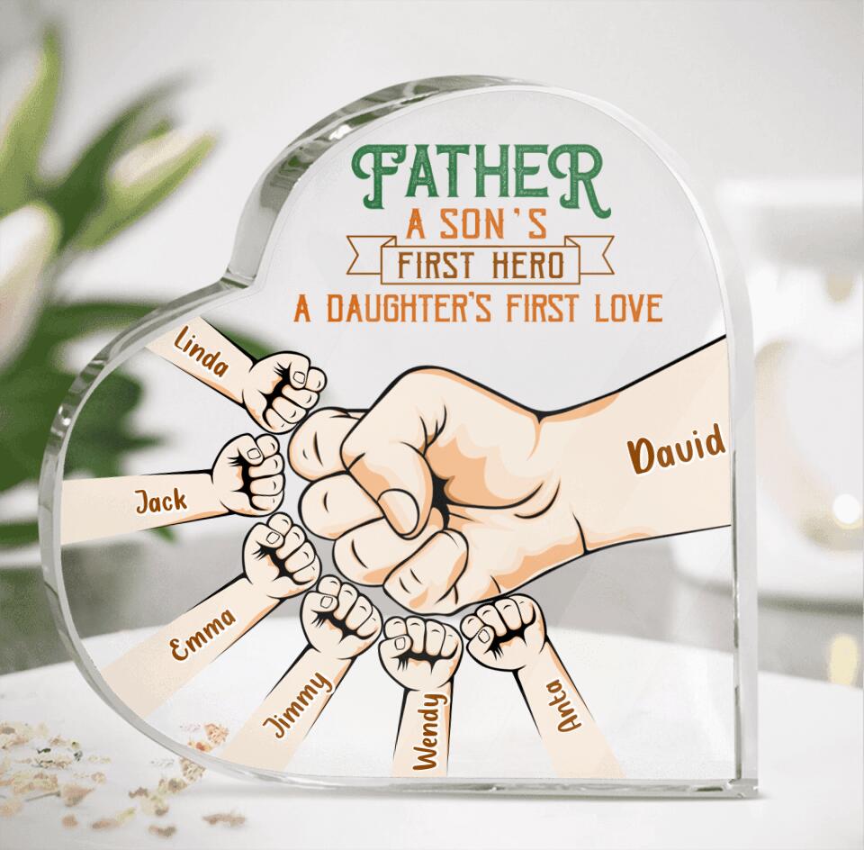 Personalized Father Heart-Shaped Acrylic Plaque - Up to 6 Kids - Best Gift Idea For Father's Day - Father A Son's First Hero A Daughter's First Love