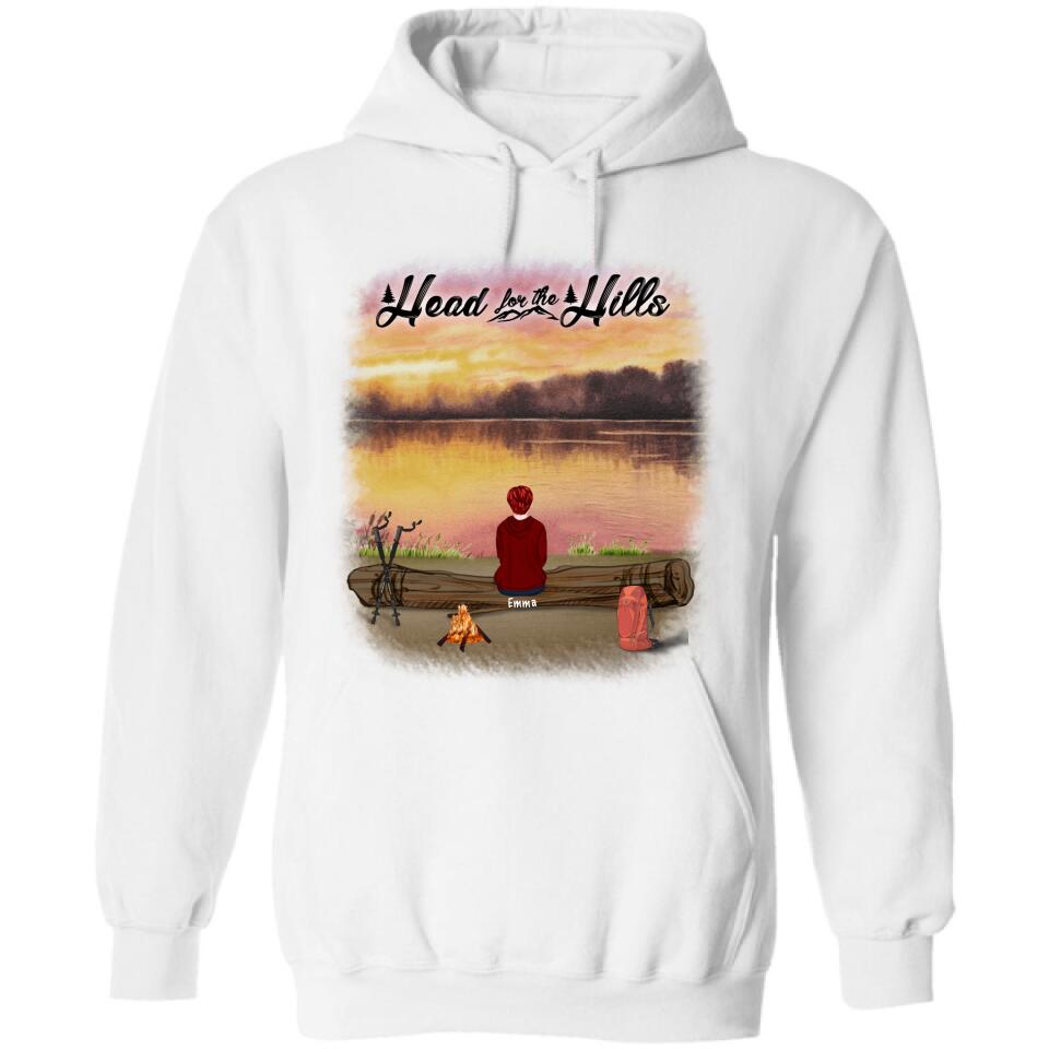Personalized Hiking T-Shirt/Pullover Hoodie - Man/Woman/Couple/ Parents With Up to 6 Pets And 4 Kids - Gift For Hiking Lover - Head For The Hills