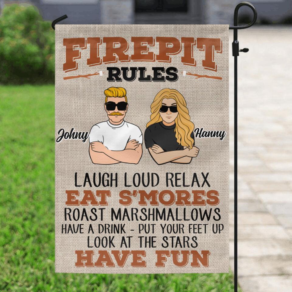 Personalized Couple Flag Sign - Gift Idea For Couple - Firepit Rules, Laugh Loud Relax