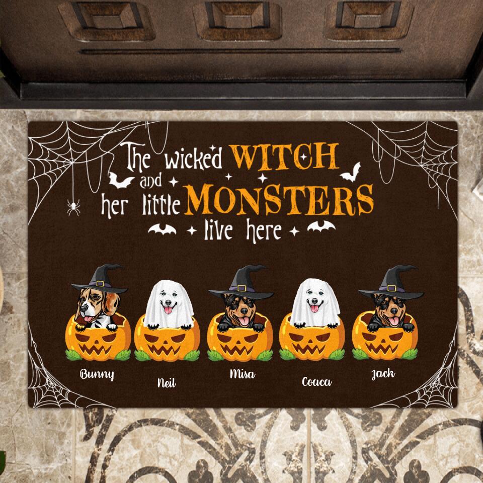 Personalized Halloween Dogs Doormat - Up to 5 Dogs - The Wicked Witch And Her Little Monsters Live Here Halloween