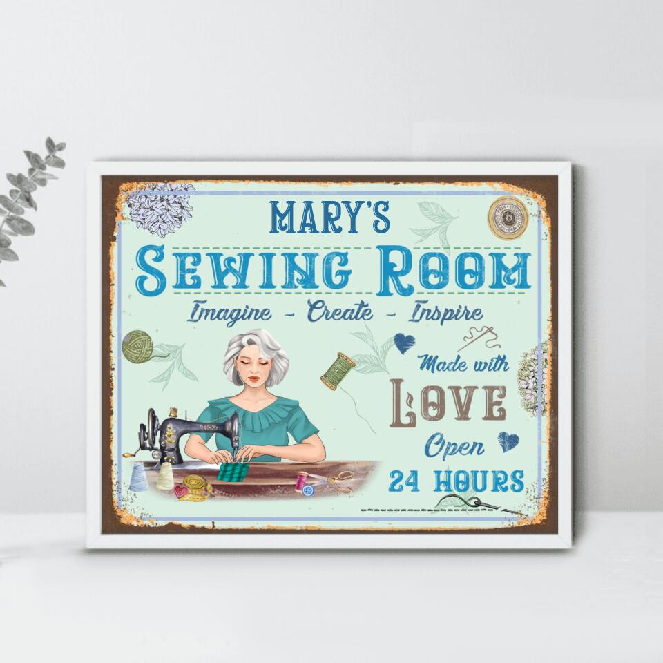 Custom Personalized Sewing Poster - Gift For Sewing Lovers/Mother's Day - Sewing Room Imagine, Create, Inspire Made With Love Open 24 Hours