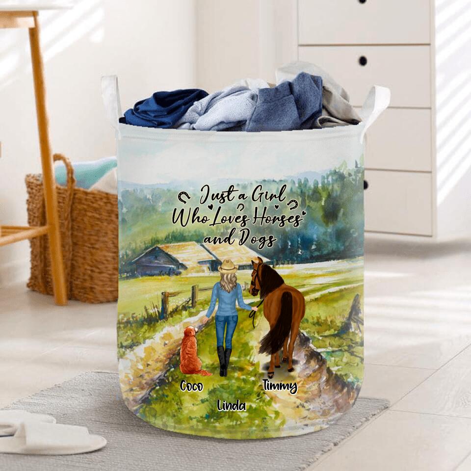 Personalized Horses And Dogs Laundry Basket - Up to 2 Horses And 4 Dogs - Best Gift For Horse/Dog Lovers - Just A Girl Who Loves Horses And Dogs