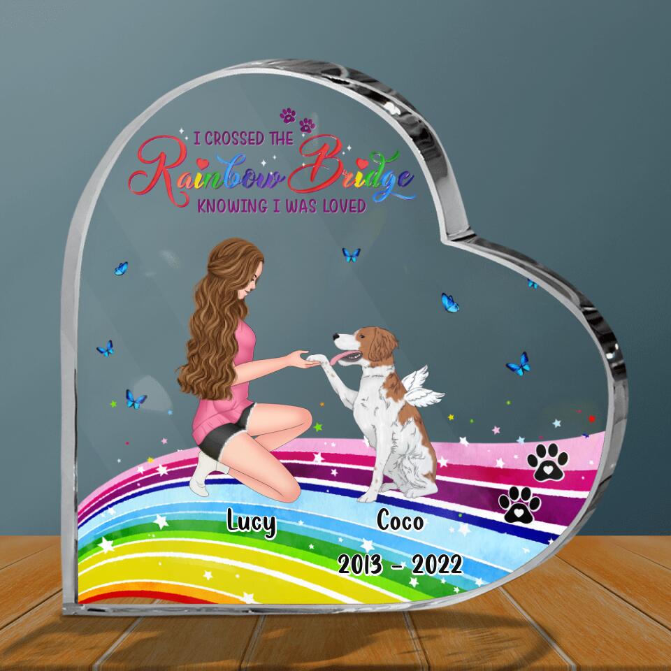 Personalized Girl & Dog Crystal Heart - Memorial Gift Idea For Dog Owner - I Crossed The Rainbow Bridge Knowing I Was Loved