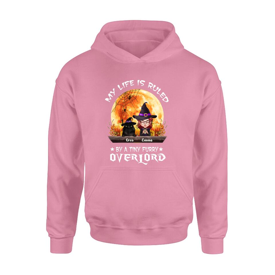 Personalized Cat Witch T-Shirt/Sweatshirt/Hoodie - Up to 5 Cats - Halloween Gift Idea For Cat Lovers - My Life Is Ruled By A Tiny Furry Overlord