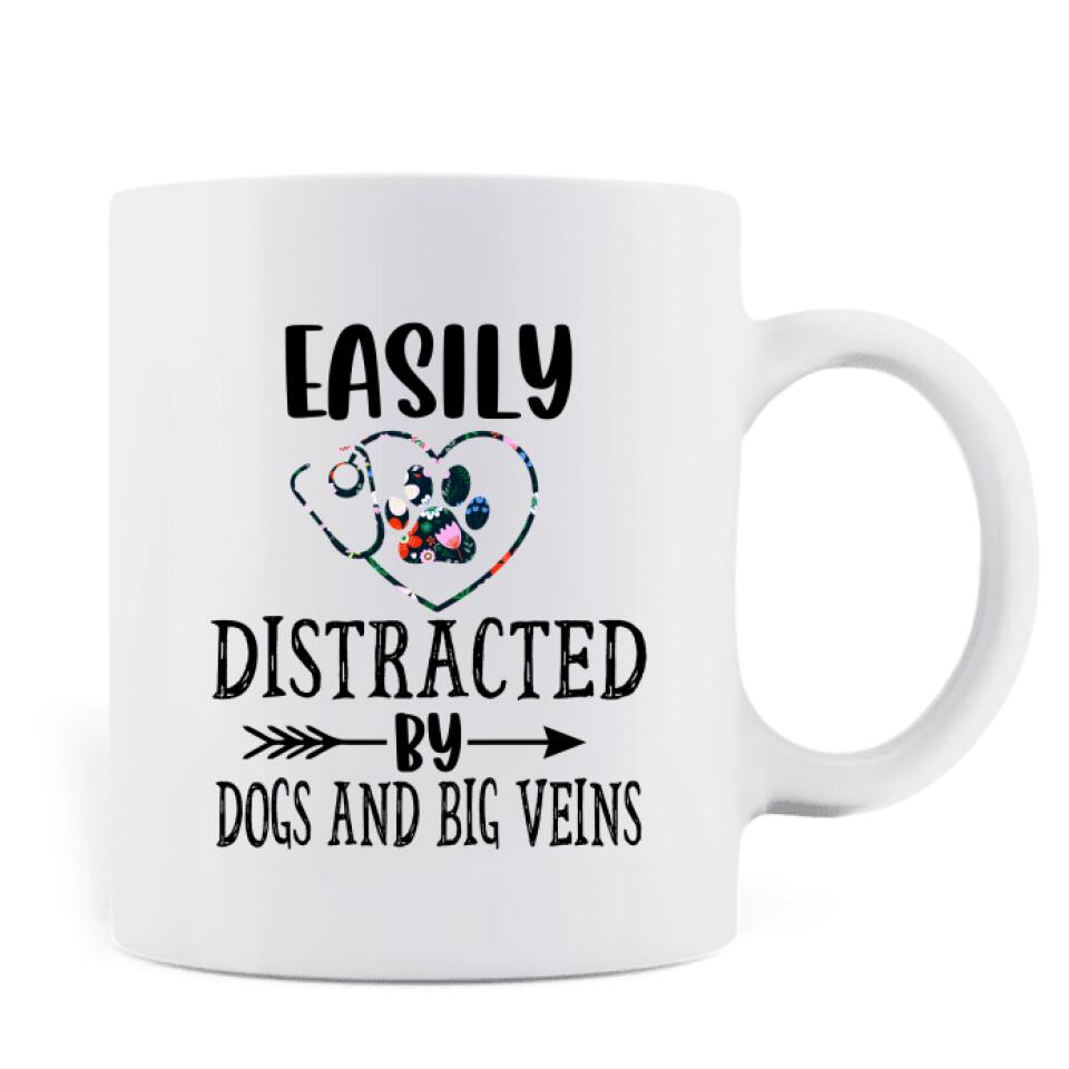 Personalized Nurse Dog Mom Coffee Mug - Up to 5 Dogs - Gift Idea For Dog Lovers - Easily Distracted By Dogs And Big Veins