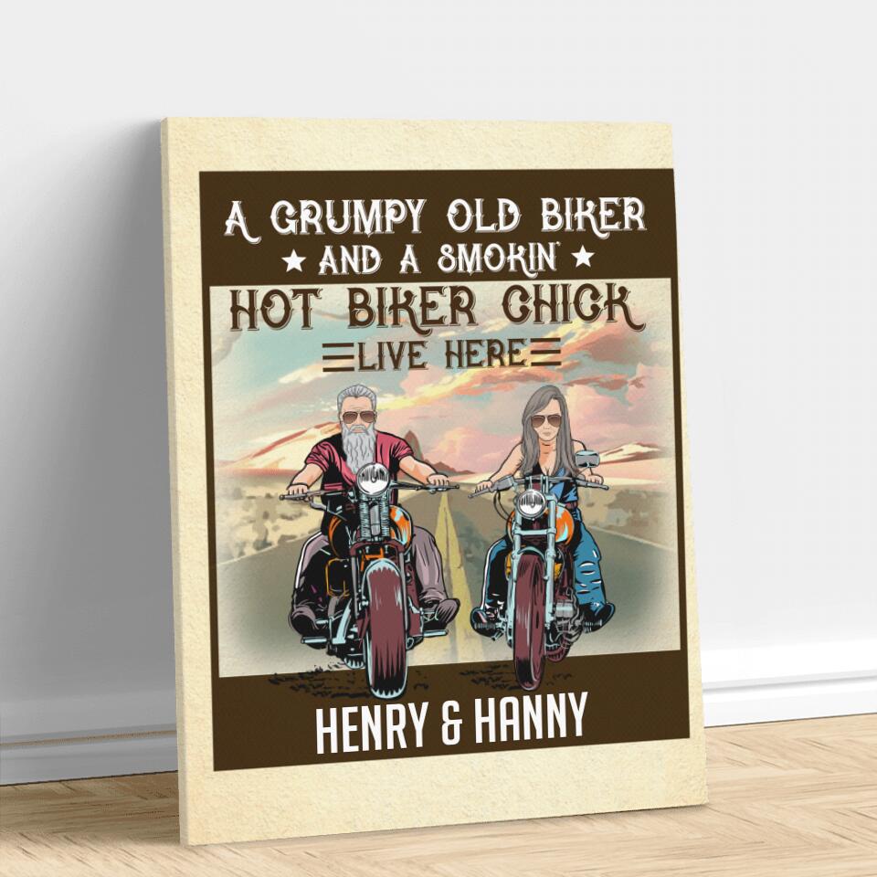 Personalized Couple Biker Vertical Canvas - Gift Idea For Couple - A Grumpy Old Biker And A Smokin' Hot Biker Chick Live Here