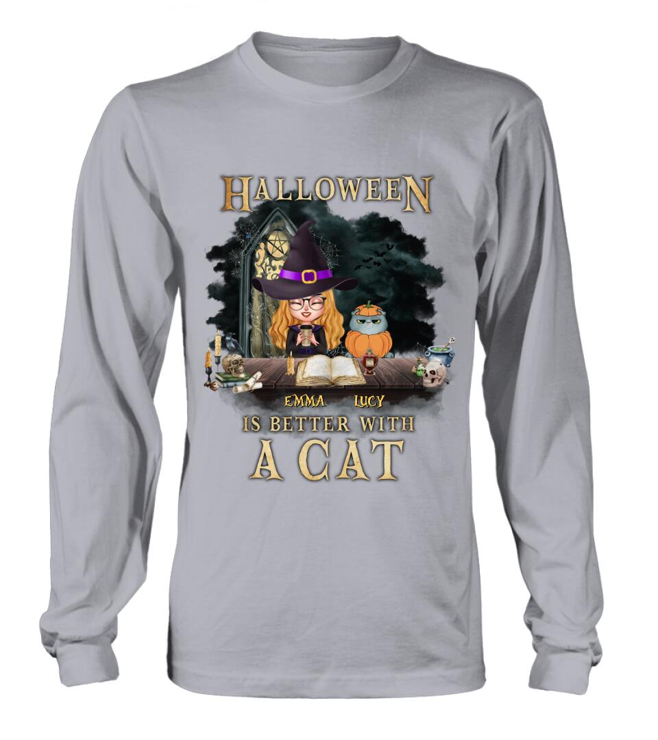 Personalized Halloween T-shirt/ Long Sleeve - Best Gift Idea For Halloween/ Cat Lover with up to 4 Cats - Halloween Is Better With A Cat