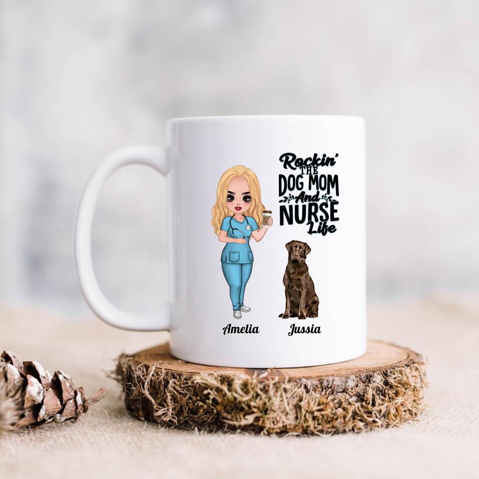 Personalized Nurse Dog Mom Coffee Mug - Up to 5 Dogs - Gift Idea For Dog Lover - Rockin' The Dog Mom And Nurse Life