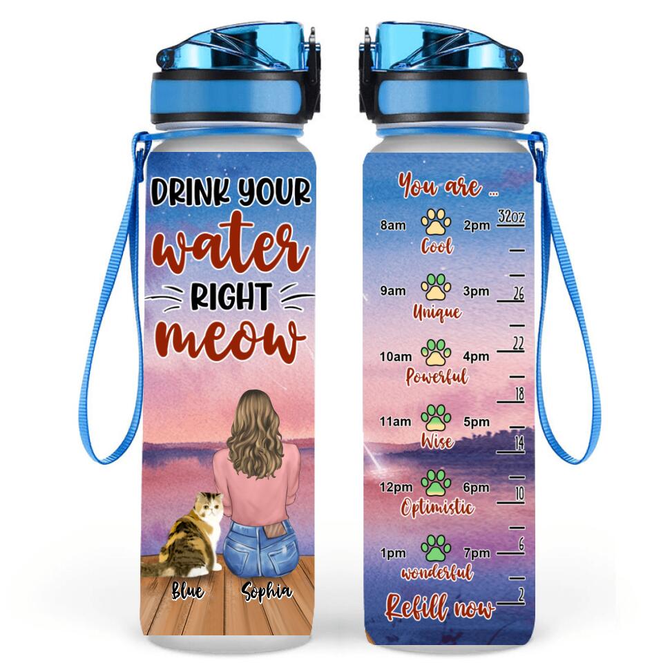Personalized Cat Mom/Cat Dad Water Tracker Bottle - Up to 3 Cats - Gift Idea For Cat Lover - Mother's Day/Father's Day Gift - Drink Your Water Right Meow