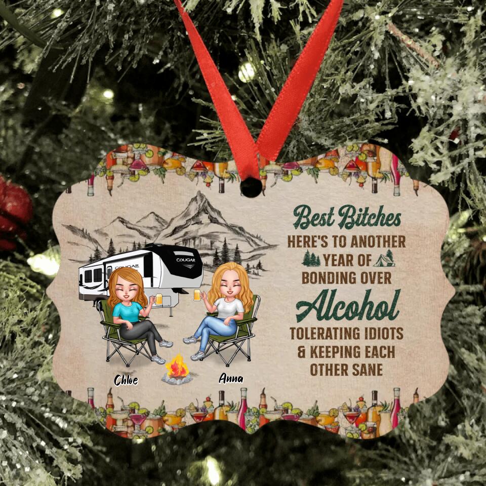 Personalized Camping Friends Aluminium Ornament - Up to 7 People - Gift Idea For Friends/Camping Lover - Here's To Another Year Of Bonding Over Alcohol