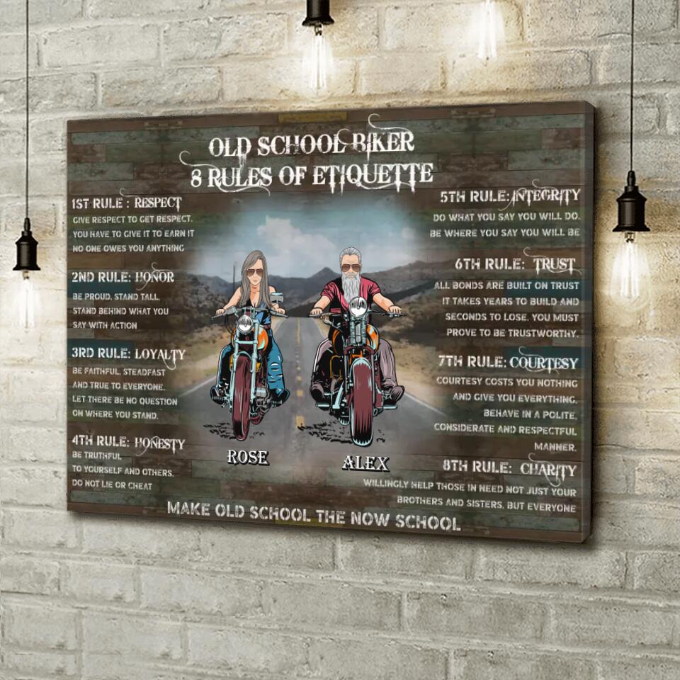 Personalized Rules Of Old School Biker Canvas - Gift Idea For Biker Lovers/Friends - Up to 10 People - Old School Biker 8 Rules Of Etiquette