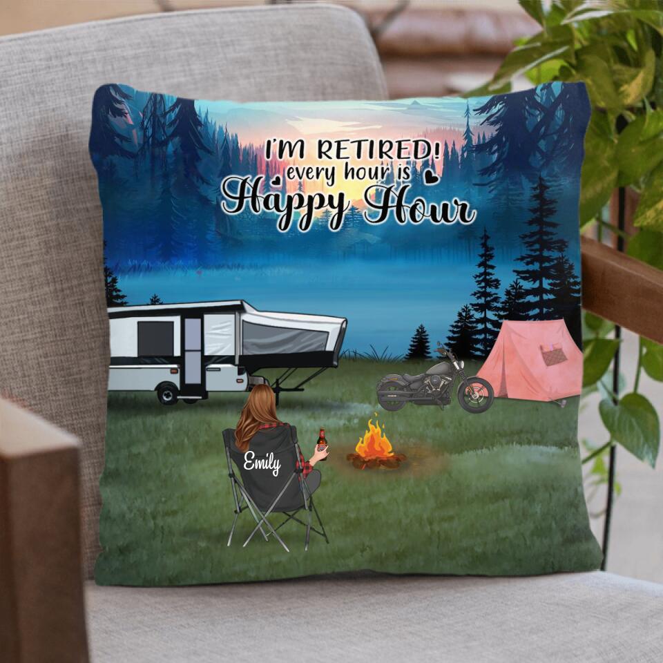 Personalized Camping Pillow Cover - Man/Woman/Couple With Up to 5 Pets - Best Gift For Camping Lover - I'm Retired! Every Hour Is Happy Hour