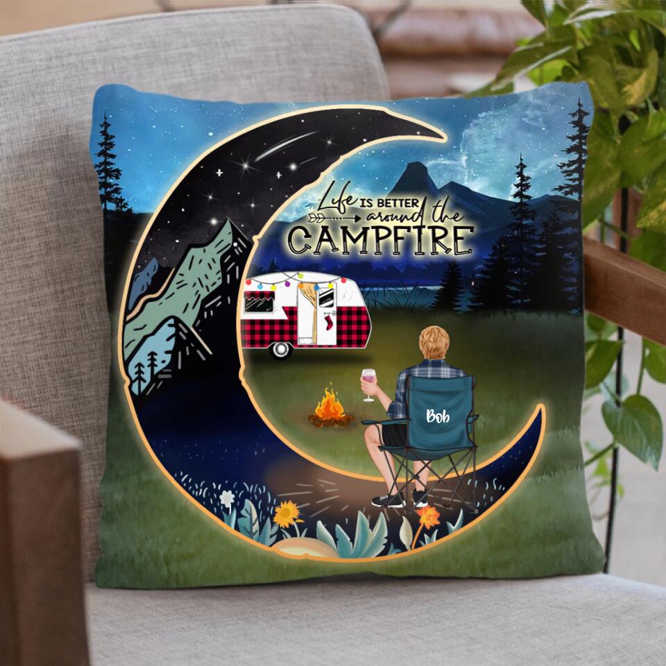Personalized Camping Moon Pillow Cover - Man/Woman/Couple/Parents With Up to 3 Kids And 6 Pets - Gift For Camping Lover - Life Is Better Around The Campfire