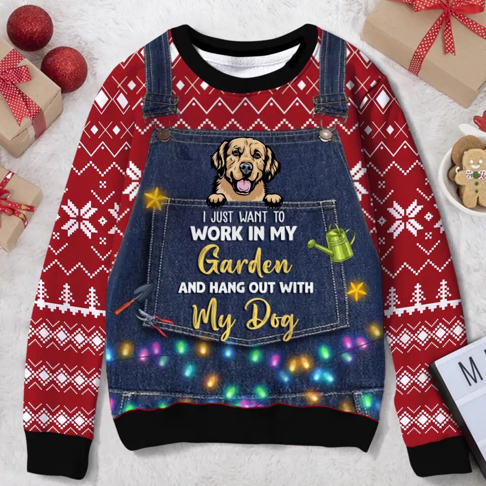 Personalized Dog All-Over Print Sweater - Up to 5 Dogs - Christmas Gift Idea For Dog Lovers - I Just Want To Work In My Garden And Hang Out With My Dog