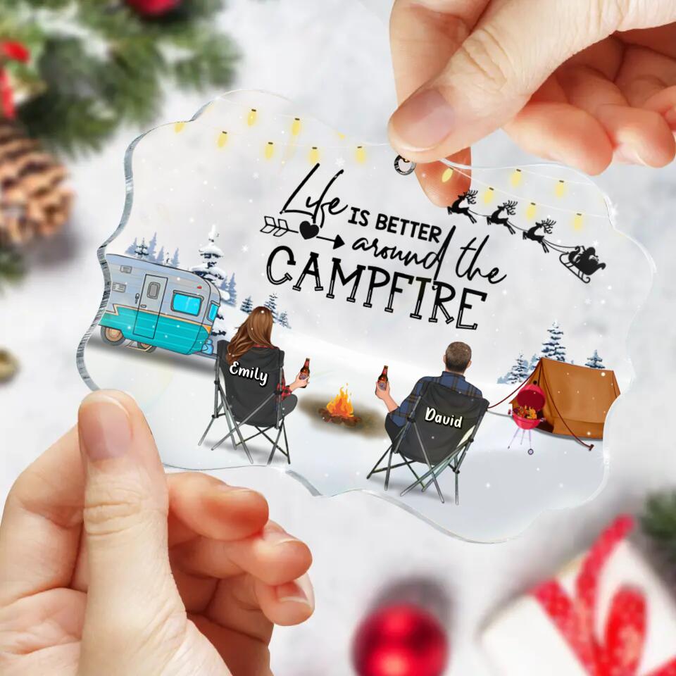 Personalized Christmas Camping Acrylic Ornament - Gift For Couple/Family/Camping Lover - Couple/Parents With Up to 3 Kids And 3 Pets - Life Is Better Around The Campfire