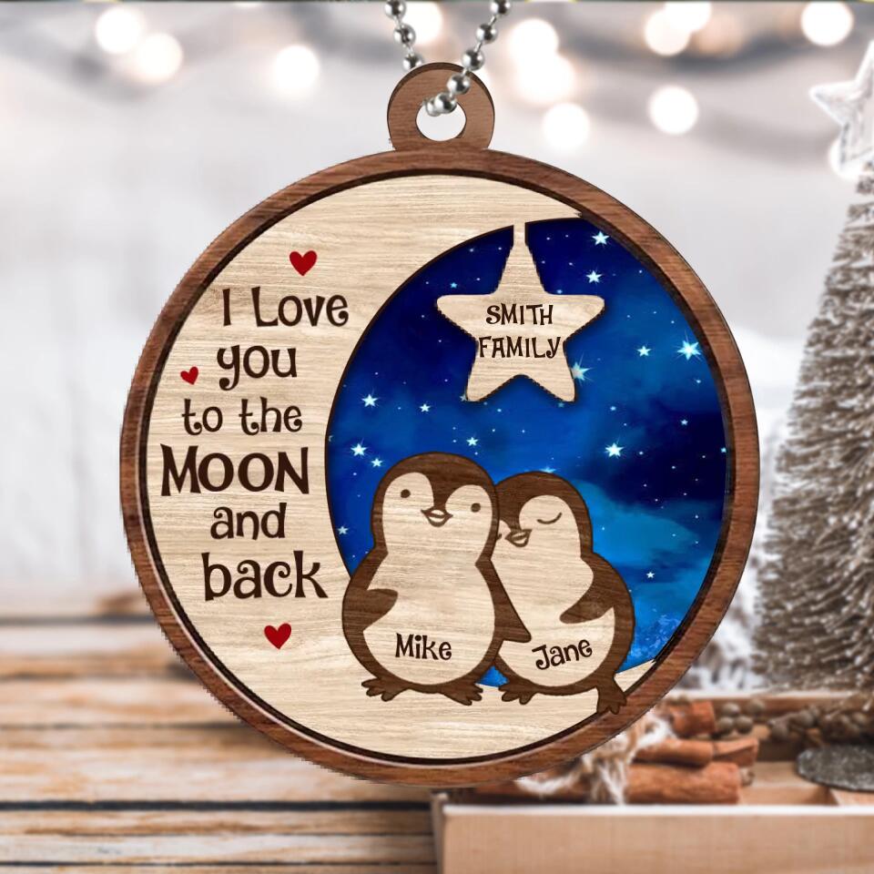 Personalized Penguins Family Circle 2 Layers Wooden Ornament - Christmas Gift Idea For Family - Couple With Up to 3 Kids - I Love You To The Moon And Back
