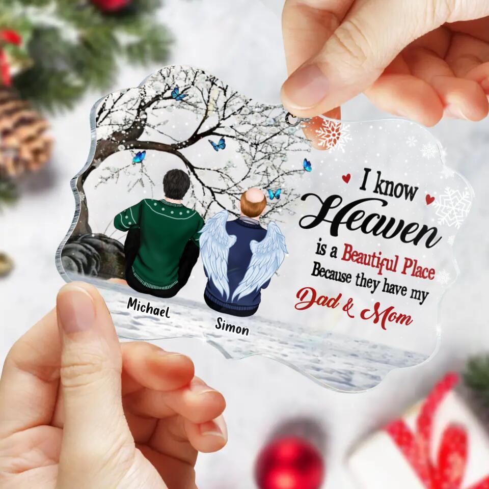 Personalized Memorial Rectangle Ornament - Gift Idea For Family - Up to 4 People - I Know Heaven Is A Beautiful Place Because They Have My Dad & Mom