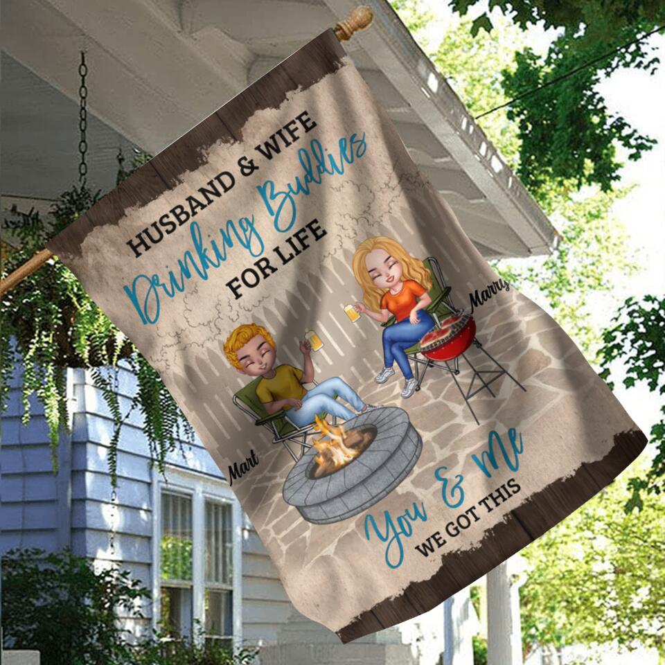Personalized Couple Flag Sign - Gift Idea For Couple/Camping Lover - Husband & Wife Drinking Buddies For Life
