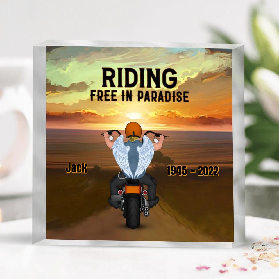 Personalized Memorial Biker Square Acrylic Plaque - Memorial Gift Idea For Father's Day - Riding Free In Paradise