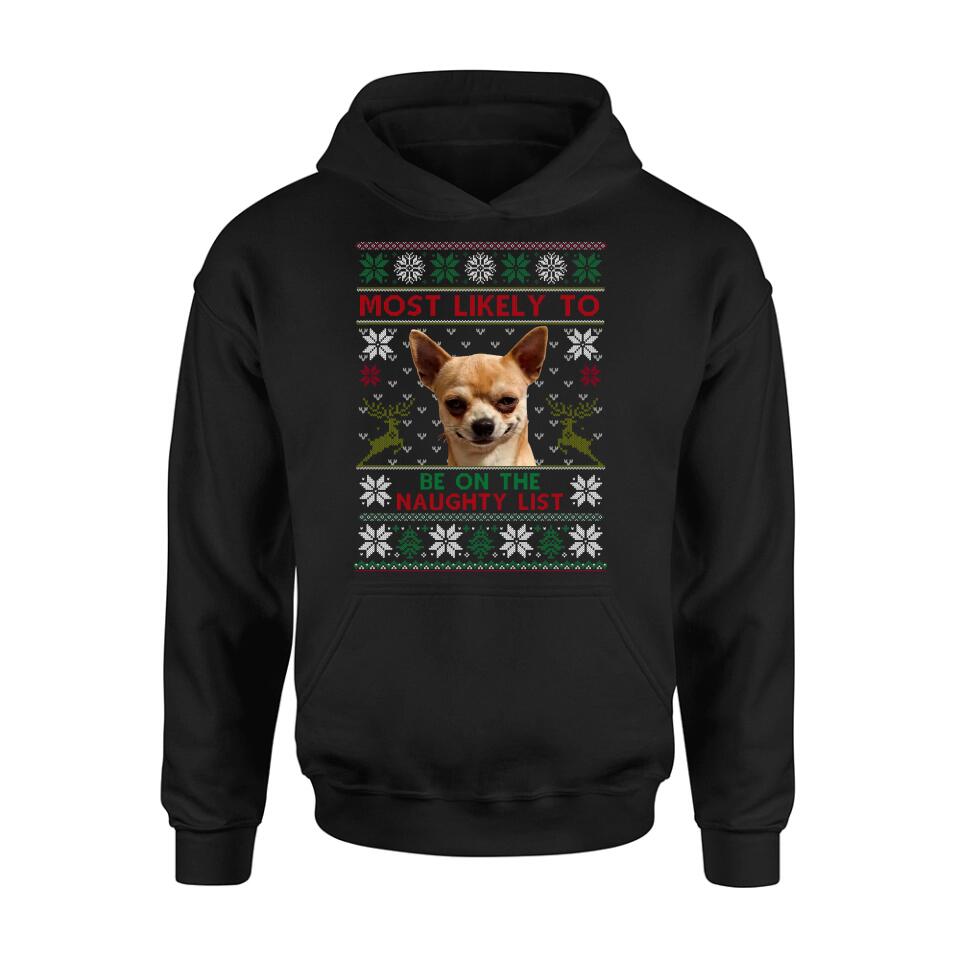 Personalized Dog Photo T-Shirt - Christmas Gift Idea For Pet Lovers - Most Likely To Be On The Naughty List