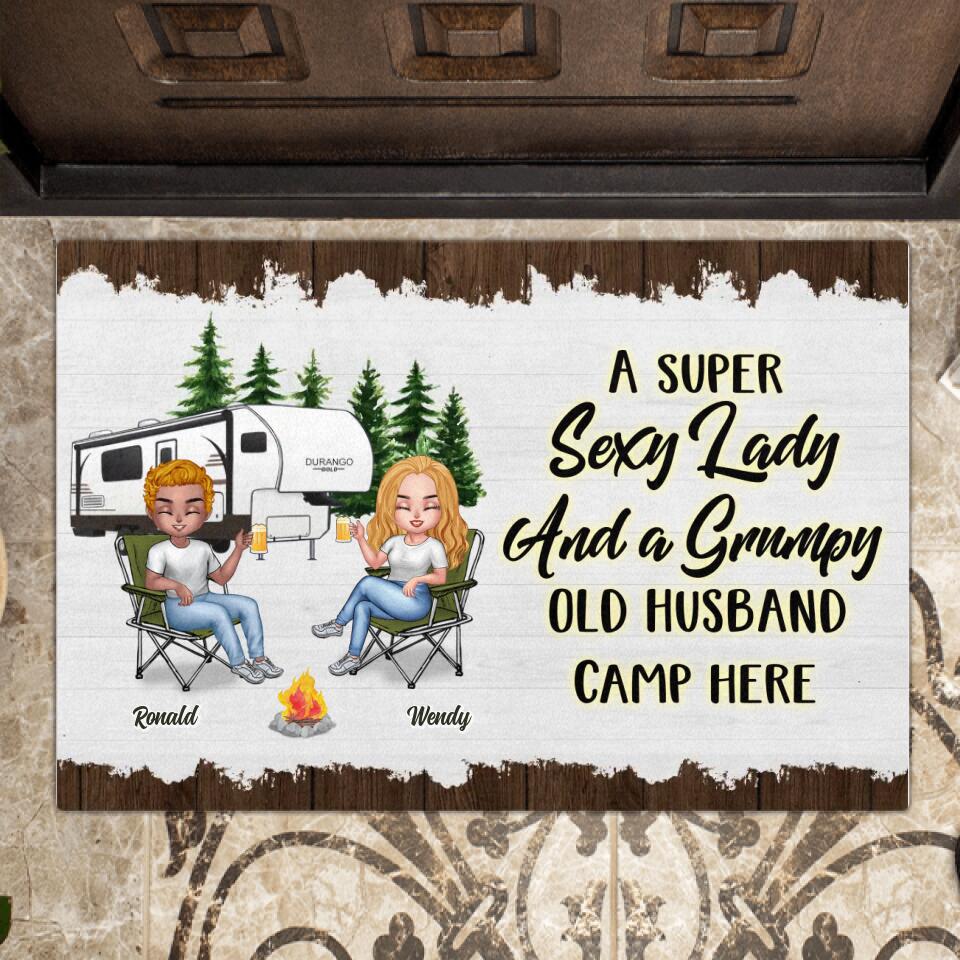 Personalized Camping Doormat - Gift Idea For Camping Lover/Friends/Couple - Up to 5 People - A Super Sexy Lady And A Grumpy Old Husband Camp Here