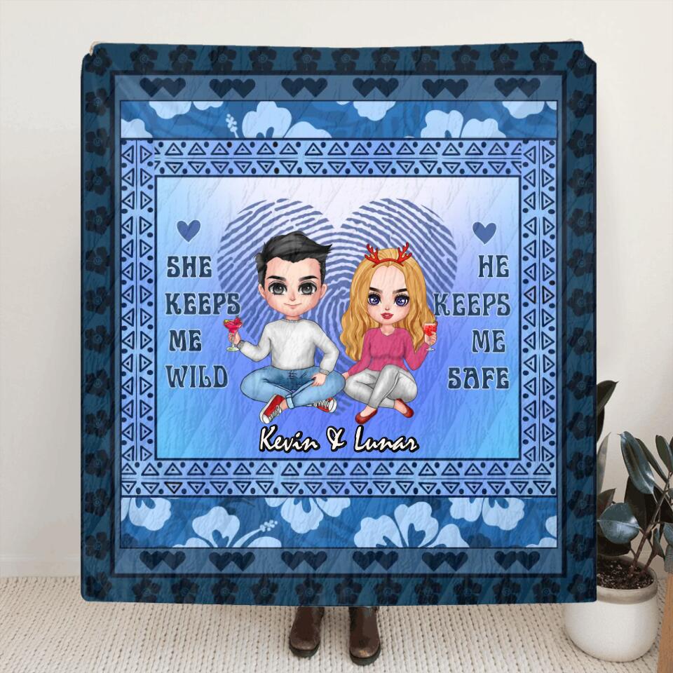 Personalized Couple Quilt/Fleece Throw Blanket - Gift Idea For Couple/Anniversary Gift - He Keeps Me Safe She Keeps Me Wild