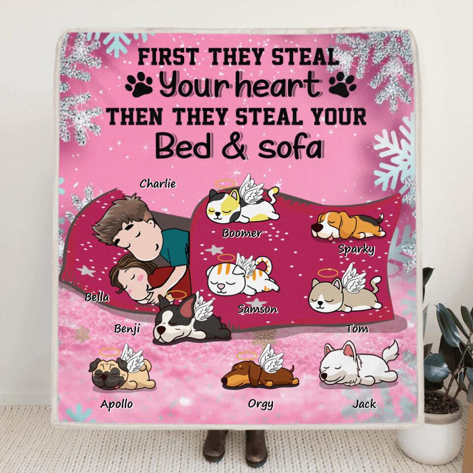 Personalized Couple With Pet Quilt/Fleece Blanket - Couple With Up to 8 Pets - Best Gift For Dog/Cat Lover - First They Steal Your Heart Then They Steal Your Bed And Sofa