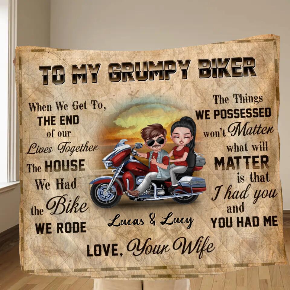 Personalized Couple Riding Pillow Cover/Fleece Throw Blanket/Quilt - Gift To Husband From Wife - To My Grumpy Biker