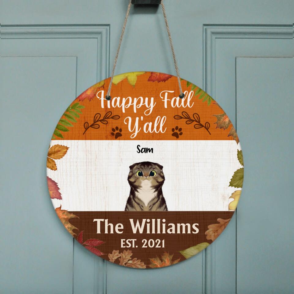 Personalized Cat Circle Door Sign - Gift for Cat Lovers with up to 3 cats - Happy Fall Y'all - SA170R